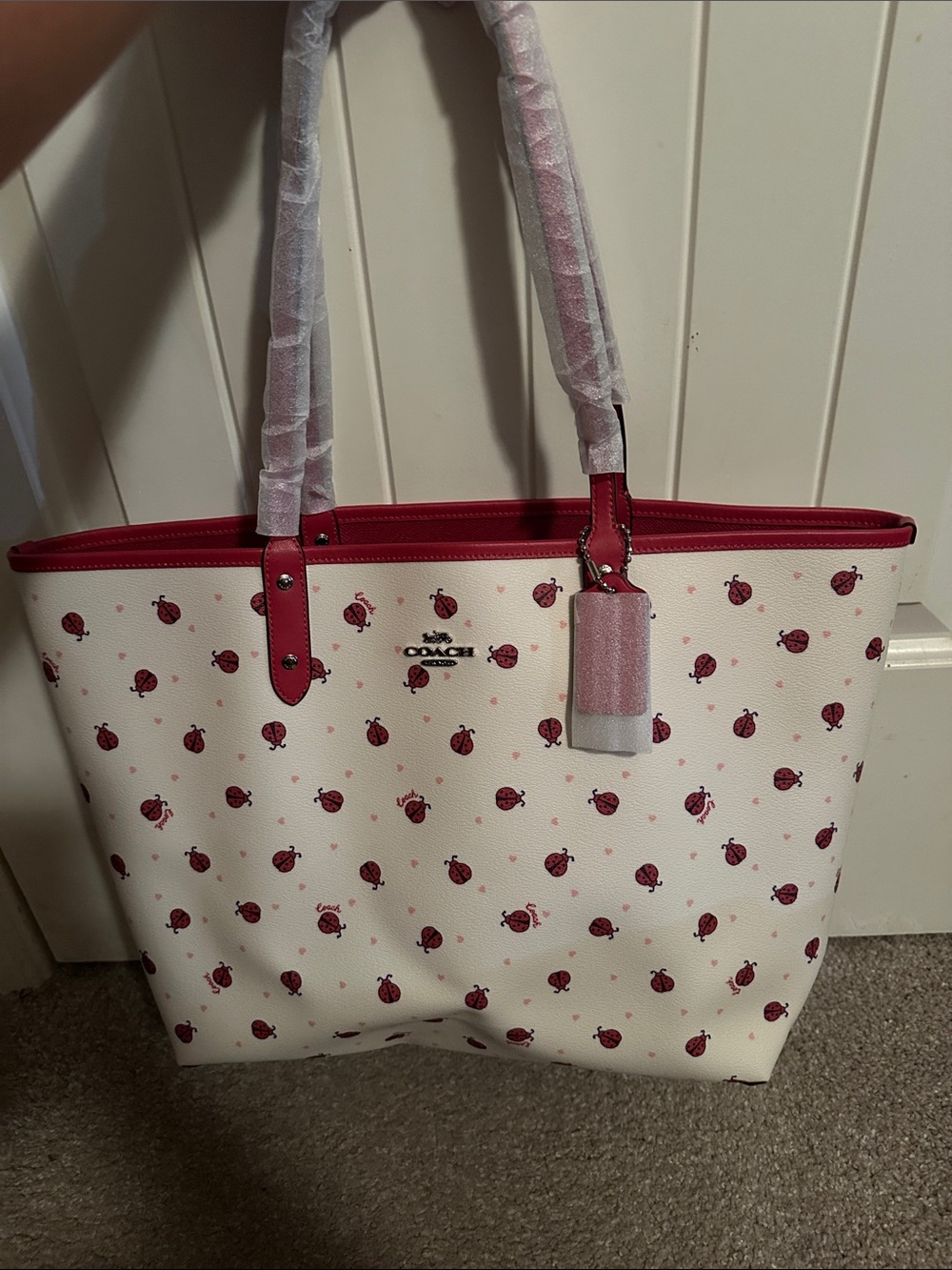 Coach White Tote with Pink Ladybug Print